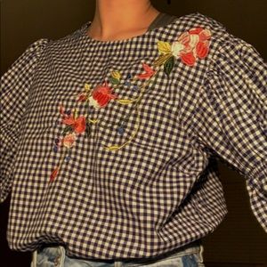 gingham top with floral embroidery